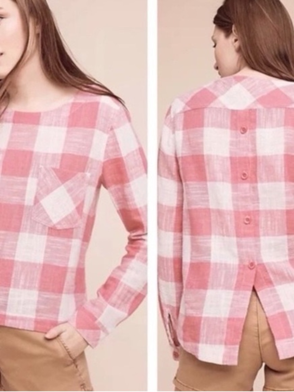 cloth & stone Pink and White Plaid Button-Back Long-Sleeve Top